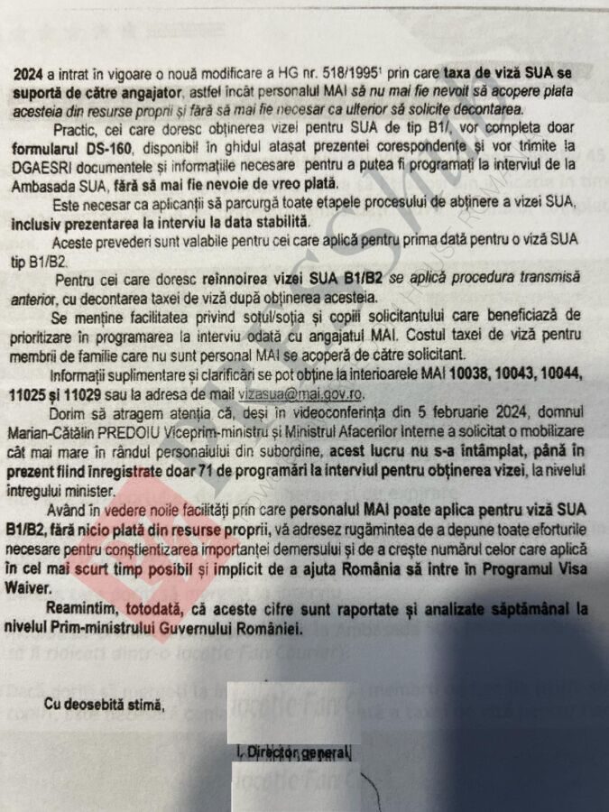 Ministerul de Interne este dispus să deconteze taxa pentru viză plătită de polițiști, după cum reiese din ordinele interne consultate